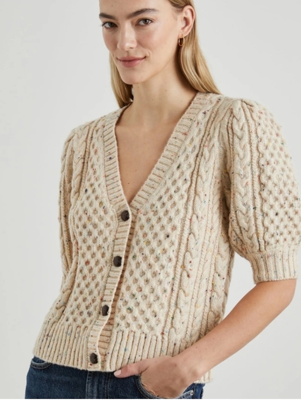 RAILS Isla Cardigan Sweater Short Puff Sleeve Cream Confetti Large Wool Blend